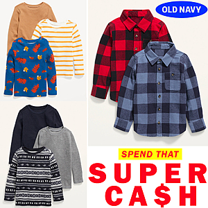 Old Navy ($20+ Super Cash Required): Toddler 9 x Thermal-Knit Tees ($2.52 ea) + 2 x Flannel Pocket Shirts ($4.60 ea) $31.90 Shipped