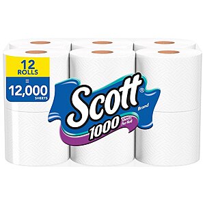 Scott  1000 Toilet Paper, Septic-Safe, 1-Ply1000.0 12 pack +tax Free Store Pickup ($10 Minimum Order) $7.99