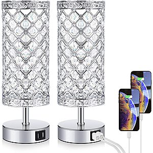 2-Pack 3-Way Dimmable Touch Control Crystal Table Lamps w/ 2 USB Ports $35 + Free Shipping