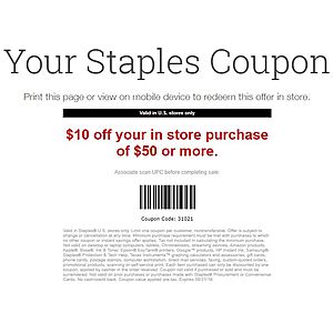 Staples Coupon $10 off when you spend $50 or more in store Exp. 08/31/19