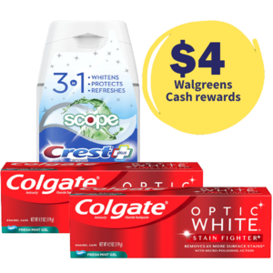 2-Pk 4.2oz Colgate Optic White + 4.6oz Crest Complete + $4 Walgreens Cash $2.80 + Free Store Pickup