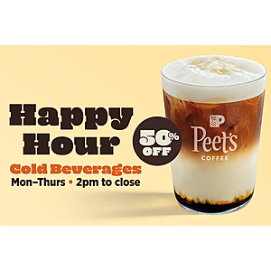 Peet's Coffee 50% Off Cold Drinks Monday to Thursday 2pm to Close