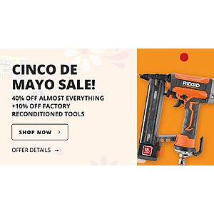 Cinco de Mayo (3 day sale): 40% off most items factory blemish, or 50% off factory reconditioned @ Direct Tools Outlet