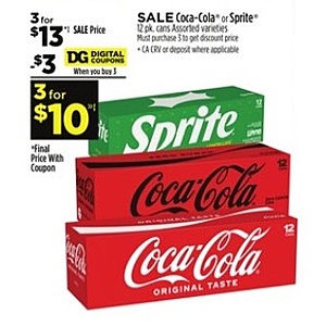 Dollar General Stores: 12-Pack 12oz. Coca-Cola or Sprite Soda (Assorted Variety) 3 for $10 w/ Digital Coupon