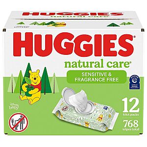 2 Huggies Natural Care Sensitive Baby Wipes, Unscented, Hypoallergenic, 99% Purified Water, 12 Flip-Top Packs (1536 Wipes Total) $33.68