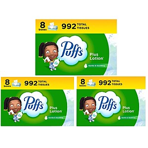 8-Pack 124-Sheet Puffs Facial Tissues:Plus Lotion or Ultra Soft Non-Lotion 3 for $28.45 ($9.48 each 8-Pack) w/ S&S + Free Shipping