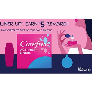 Carefree Pantiliners + $5 Walmart eGift Card  from $2.50 (In-Stores Only)