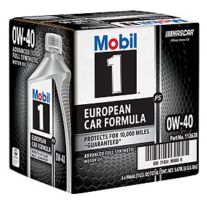 Mobil 1 FS European Car Formula Full Synthetic Motor Oil 0W-40, 1 Quart (Pack of 6) on Amazon $28.49