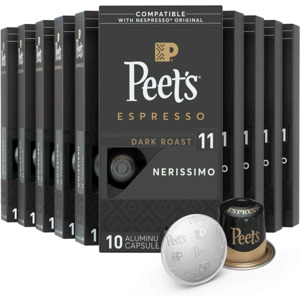 Amazon Prime Members Peet's Coffee, Dark Roast Espresso Pods Compatible with Nespresso Original Machine, Nerissimo Intensity 11, 100 Count (10 Boxes of 10 Espresso Capsules) $52.47