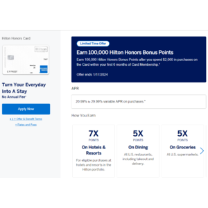 AMEX Hilton Honors - earn 100K points after spending $2K with no annual fee
