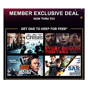 Redbox Perks Members Choose 1 free Pre-Owned Blu-ray disc to keep from the following titles: Crisis, SAS: Red Notice, Every Breath You Take or Rogue Hostage (YMMV) $0.24