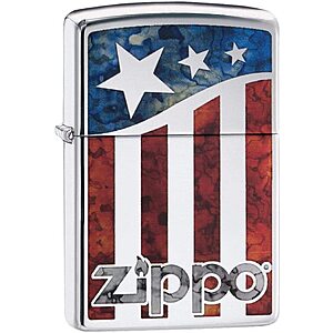 Zippo American Flag Lighters: High Polish Chrome Fusion $14.35 & More