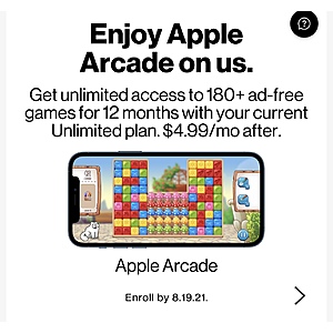 Verizon Members w/ Eligible Unlimited Plan: 12 or 6-Months Apple Arcade Plan Free