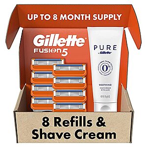 8-Ct Gillette Fusion5 Men's Razor Blade Refills & 6-Oz Pure Men's Soothing Shaving Cream Bundle $16.10 + free shipping w/ Prime or on $25+