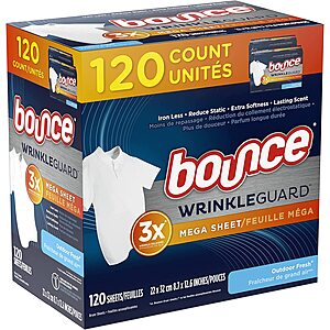120-Ct Bounce Fabric Softener Mega Dryer Sheets (Wrinkleguard) $5.70 w/ Subscribe & Save & More