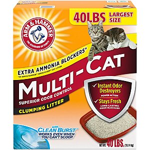 Cat Litter 30% off: 40-lbs Arm & Hammer Multi-Cat or Super Scoop $11.90, 40-lbs Arm & Hammer Double Duty $12.60 & More + Free Shipping on order $49+
