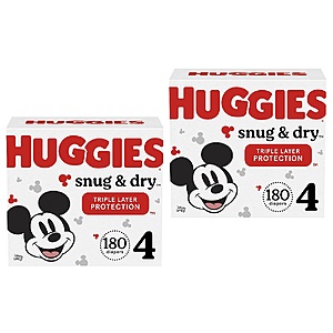 Huggies Baby Diapers $20 off $100+ & Extra 20% Off: 180-Count Snug & Dry (size 4) 2 for $66.70 & More w/ S&S + Free Shipping w/ Prime or on $25+