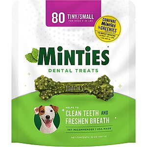 Minties VetIQ Dog Dental Bone Treats: 80-Ct 32-Oz (Tiny/Small Dogs of under 40-lbs) $7.90, 40-Ct 32-Oz (Medium/Large Dogs of over 40-lbs) $9.05 w/ S&S + FS w/ Prime or on $25+