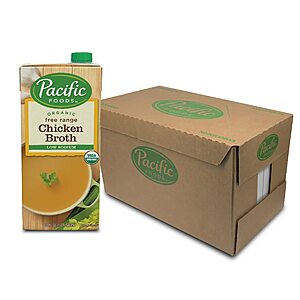 12-Pack 32-Oz Pacific Foods Organic Free Range Chicken Broth (Low Sodium) $16.55 w/ S&S + Free Shipping w/ Prime or on $25+