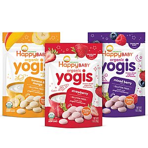 3-Pack 1-Oz Happy Baby Organic Yogis Freeze-Dried Yogurt & Fruit Snacks (Variety Pack) $6.50 w/ S&S + Free Shipping w/ Prime or on $35+