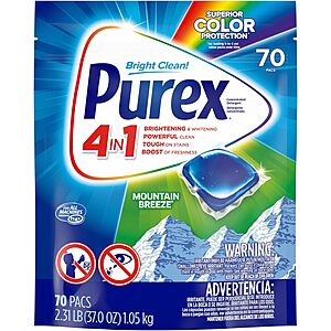 70-Count Purex 4-in-1 Laundry Detergent Pacs (Mountain Breeze) $7.05 w/ S&S + Free Shipping w/ Prime or on $35+
