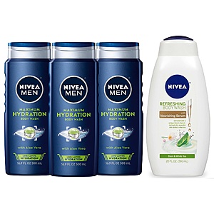 3-Pack 16.9-Oz Nivea Men Maximum Hydration Body wash + 20-Oz Nivea Refreshing Body Wash (Basil & White Tea) + $5 Amazon Credit $16 w/ S&S + FS w/ Prime or on $35+