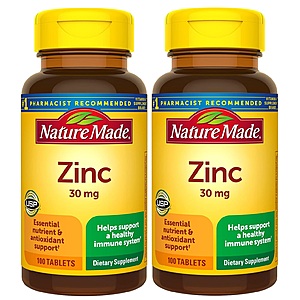 Nature Made Vitamins & Supplements: Buy 1 Get 1 Free + 20% Off: 100-Count Zinc 30mg Tablets 2 for $3.50 & More w/ S&S + FS w/ Prime or on $35+