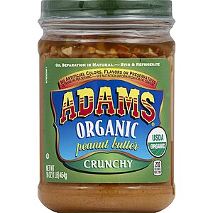 Adams Organic Crunchy Peanut Butter, 16 Ounces w/5% SS + AC 25% Off 1st SS Order, Less w/15% SS $3.23