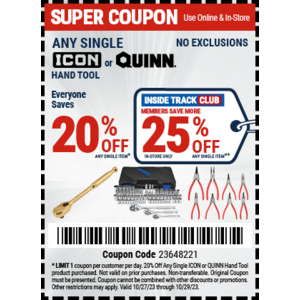 Harbor Freight Coupons: Tarps 20% Off, Select ICON or Quinn Hand Tools 20% Off & Much More (in store or online)