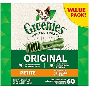 Greenies Original Petite Natural Dog Dental Care Chews Oral Health Dog Treats, 36 Ounce Pack (60 Treats) - $21.89 or $20.20 /w S&S - Amazon YMMV