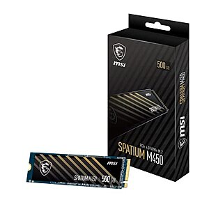 MSI SPATIUM M450 PCIe 4.0 NVMe M.2 500GB Internal Gaming SSD up to 3600MB/s 3D NAND Up to 600 TBW - $32.99 + F/S - Amazon