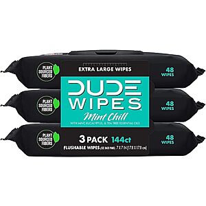 $4.99: DUDE Wipes - Flushable Wipes - 3 Pack, 144 Wipes - Mint Chill