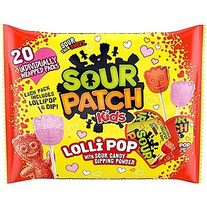 $3.49 /w S&S: SOUR PATCH KIDS Lollipop with Sour Candy Dipping Powder Valentines Day Candy, 20 Lollipops