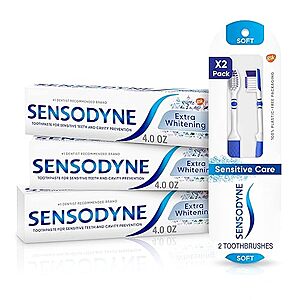 $12.30 /w S&S: Sensodyne Extra Whitening Toothpaste - 4 Oz x 3 and Soft Toothbrush Pack - 2 Count Bundle