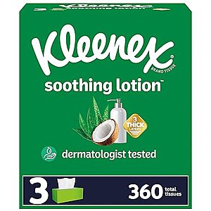$4.74 /w S&S: Kleenex Soothing Lotion Facial Tissues, 3 Flat Boxes, 120 Tissues per Box, 3-Ply