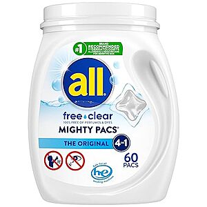 $10.22 /w S&S: All Mighty Pacs Laundry Detergent, Tub, 60 Count