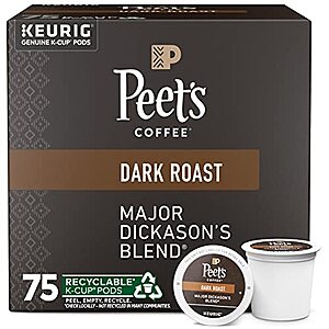 Select Accounts: 75-Ct Peet's Coffee Major Dickason's Blend K-Cup Coffee Pods $20 w/ Subscribe & Save + Free S&H