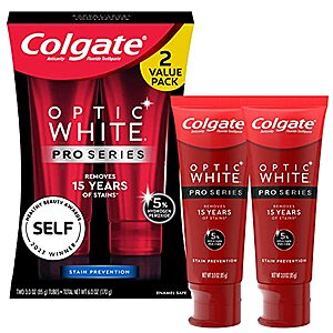 $8.97 /w S&S: Colgate Optic White Pro Series Whitening Toothpaste with 5% Hydrogen Peroxide, Stain Prevention, 3 oz Tube, 2 Pack