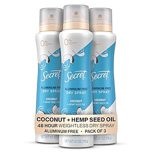 $11.37 /w S&S: Secret Dry Spray Aluminum Free Deodorant for Women, Coconut and Hemp Seed Oil, 4.1oz. (Pack of 3)