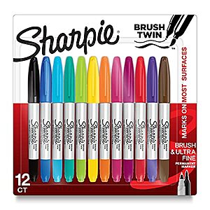 $9.60 /w S&S: SHARPIE Brush Twin Permanent Markers, Assorted, 12 Count