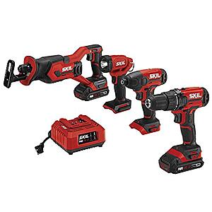 $93.91: SKIL 4-Tool Kit: 20V Cordless Drill Driver, Impact Driver, Reciprocating Saw and LED Spotlight, Includes Two 2.0Ah Lithium Batteries and One Charger - CB739601, White
