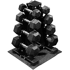 $100: Signature Fitness 100-Lb Rubber Coated Hex Dumbbell Weight Set and Storage Rack