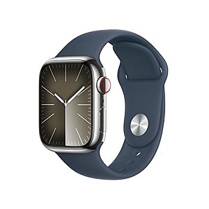 $442.10: Apple Watch Series 9 [GPS + Cellular 41mm] Smartwatch with Silver Stainless Steel Case with Storm Blue Sport Band S/M