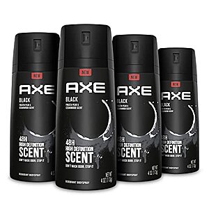 $11.13 w/ S&S: AXE Black Mens Body Spray Deodorant, Frozen Pear & Cedarwood, 4 Ounce (Pack of 4)