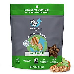 [S&S] $1.54: 2.5-Oz Shameless Pets Digestive Health Catnip Chicken Crunchy Cat Treats & More