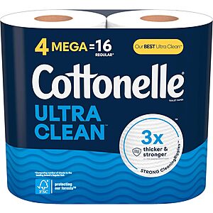 [S&S] $4: 4 Mega Rolls Cottonelle Ultra Clean Toilet Paper at Amazon