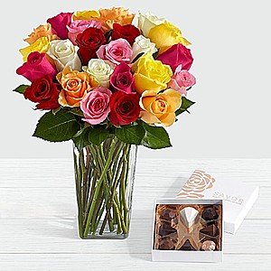 2-Dozen Rainbow Roses w/ Square Glass Vase & Chocolates $21