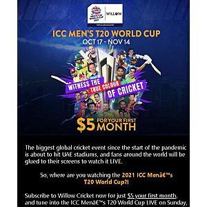 ICC T20 2021 Cricket World Cup on Sling $5  first month- new users