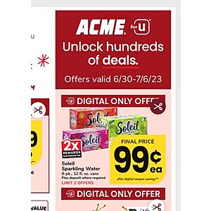 ACME  MARKETS w/Digital Coupons (Mid Atlantic, PA, NJ, NY,)Pepsi OR Coke Family 12 pack 12oz cans $3.99 ea MB 5 or 4,  Soliel Flavored Sparkling Water 8pk 12oz 99c Limit 2