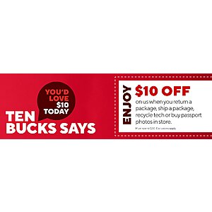 Staples In Store: Get a $10 off $30 Q Valid Same Day when you: Drop off an Amazon Return, Recycle Tech, Ship A Package, etc  Exclusions apply to coupon use